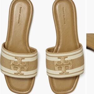 Tory Burch Tan and Cream Logo Slip-On Sandals